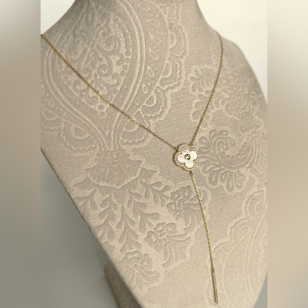 Rachel Zoe Clover Necklace Y Chain Zirconia Mother of Pearl 14k Gold Color - Picture 5 of 7